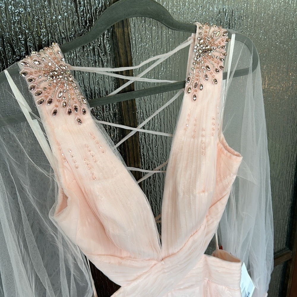 Mac Duggal TULLE SHEER LONG SLEEVE CUT OUT LACE UP A LINE GOWN size 10 New $398 - Picture 10 of 15